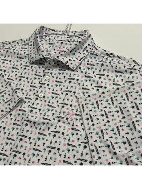 Rhoback All Over Print Stretch Performance Golf Polo L Cars Beverage Palm Trees